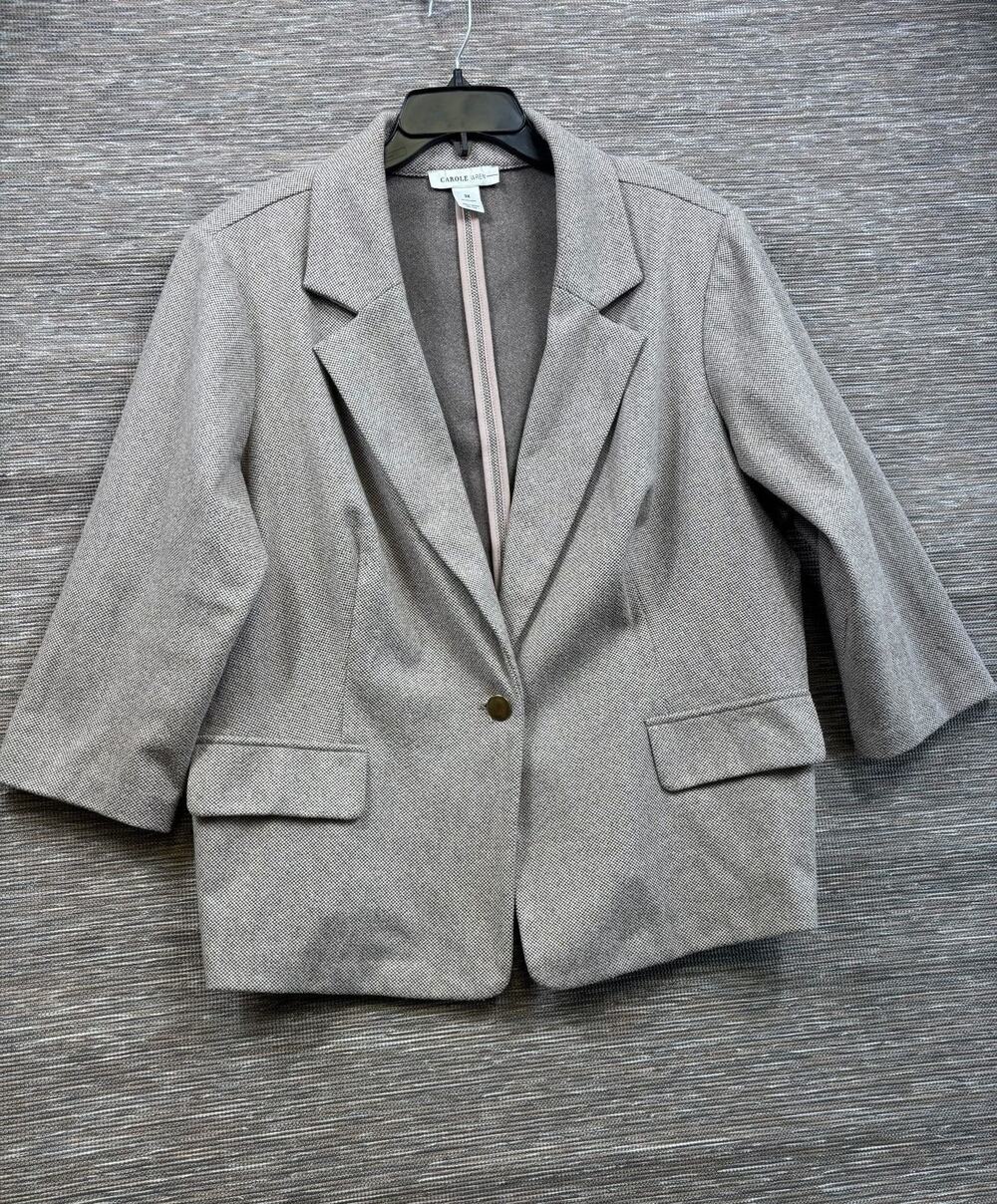 Carole Wren Blazer Jacket Womens Size 3X Beige Check 3/4 Sleeve One Button Lined